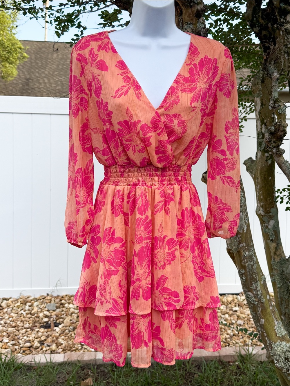 Mimi Chica Coral Pink Floral Smocked Tiered Mini Dress M